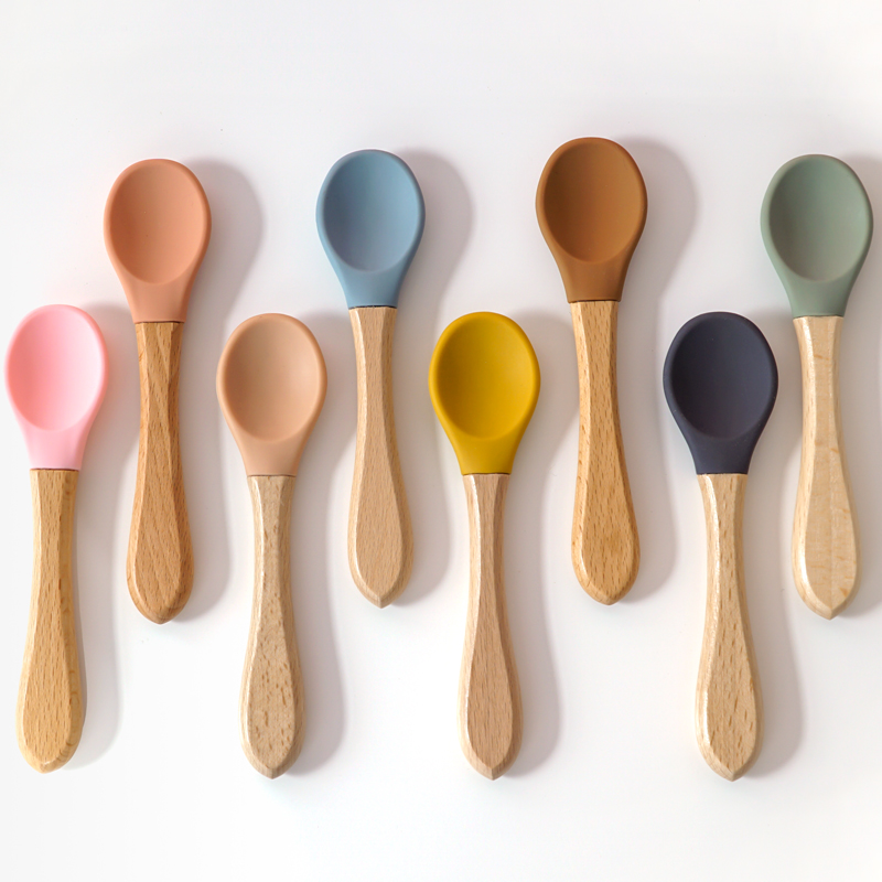 Baby Food Lunch - Feeding Wooden Handle Silicone Spoon For